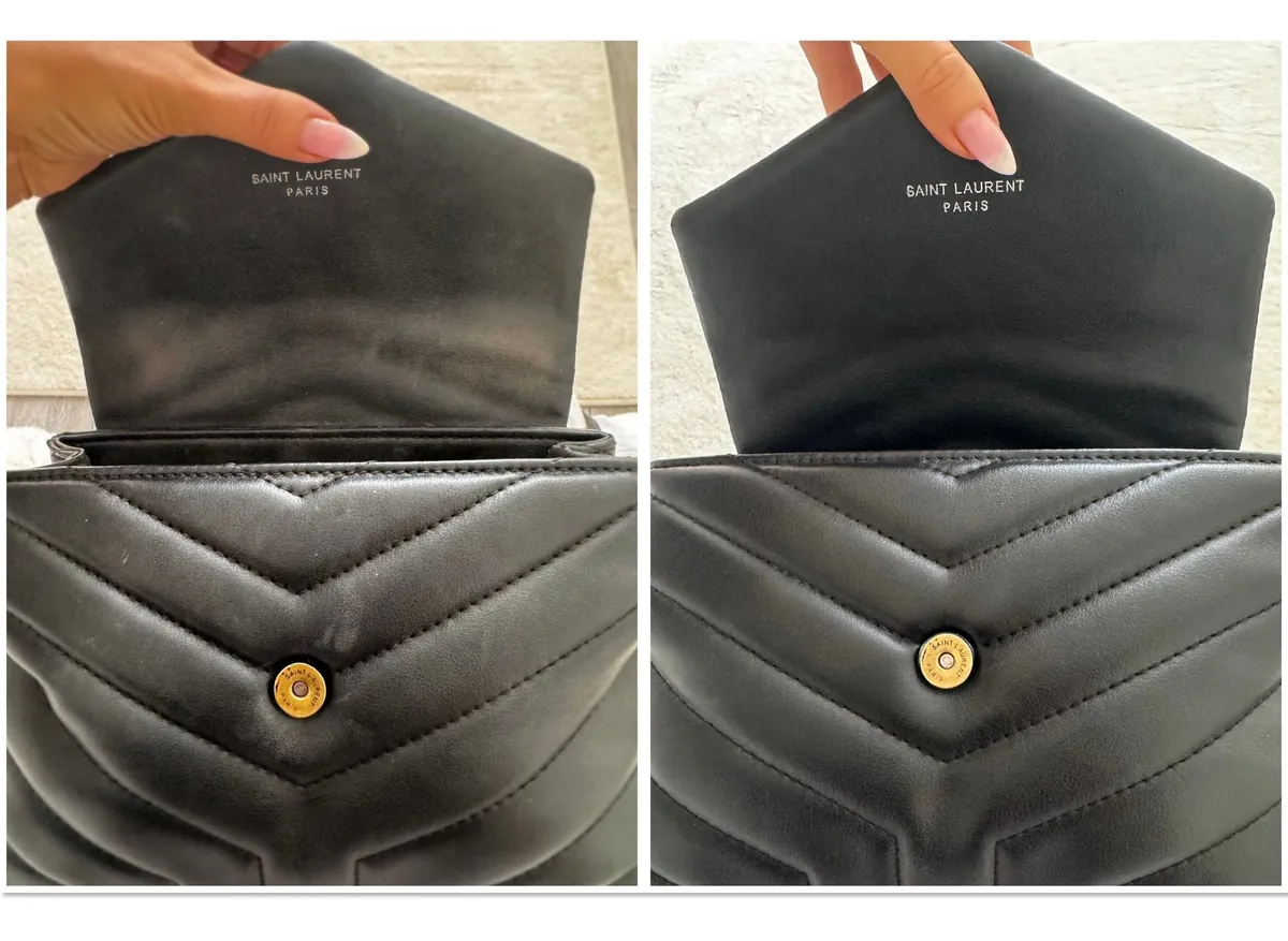 Before and after: a black quilted leather handbag cleaned with Totel Protect, shown side by side
