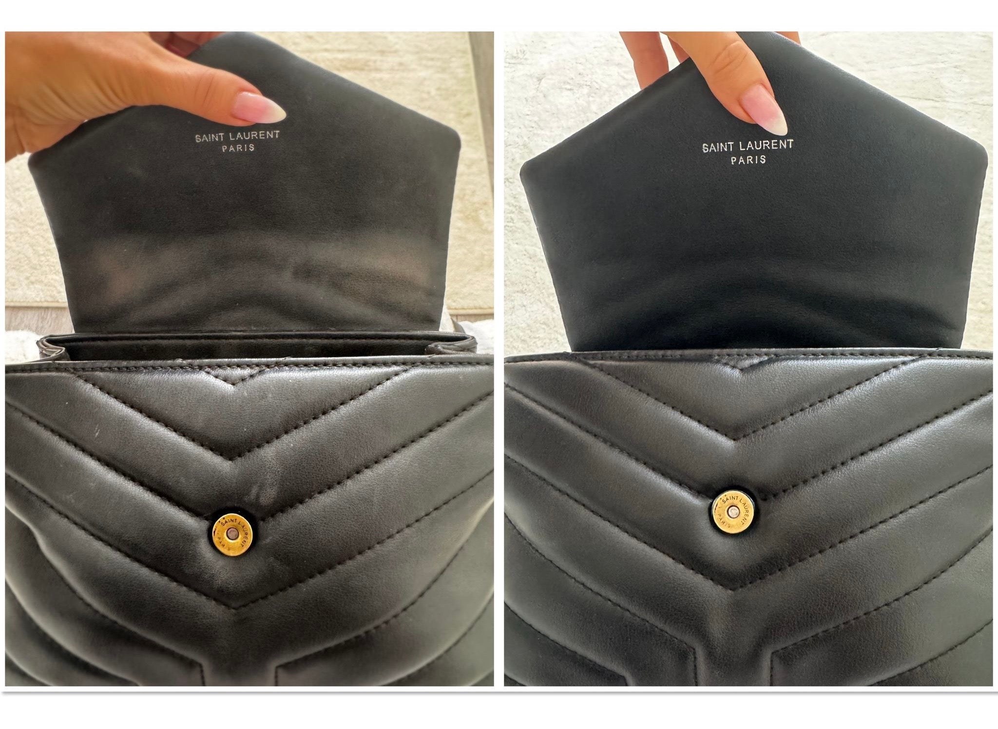 Before and after: a black quilted leather handbag cleaned with Totel Protect, shown side by side